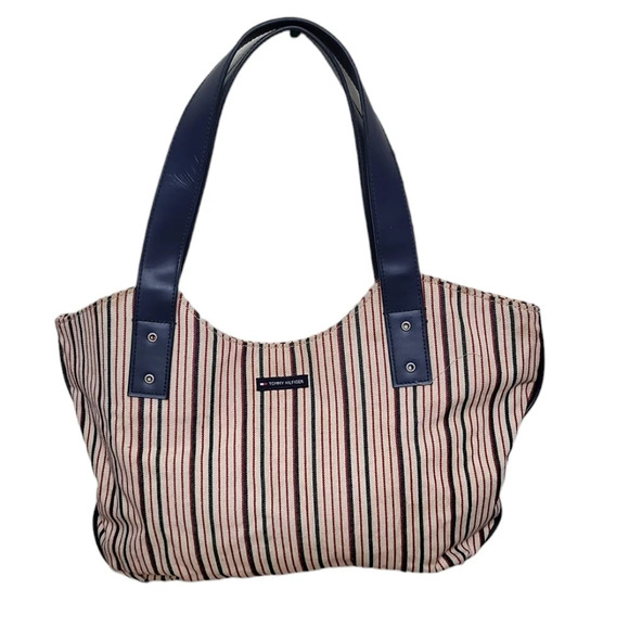 Y2k Tommy Hilfiger Canvas Shoulder Bag Purse Blue Red Cream Stripe - Picture 1 of 5